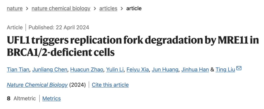 基础医学院刘婷课题组《NatureChemicalBiology》发文揭示BRCA12缺陷的肿瘤细胞对PARP抑制剂耐药的新机制(图1)