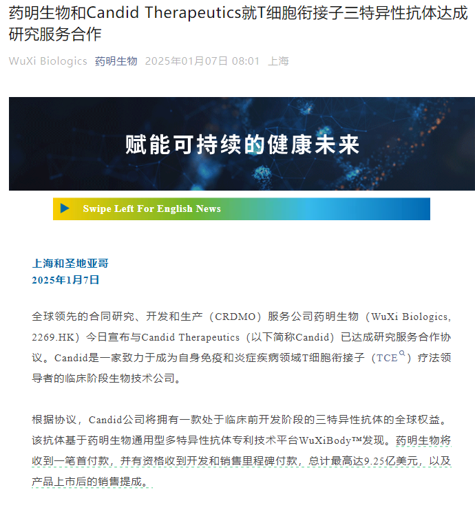 药明生物和CandidTherapeutics就T细胞衔接子三特异性抗体达成研究服务合作(图1)